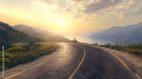 Fototapeta Empty long mountain road to the horizon on a sunny summer day at bright sunset