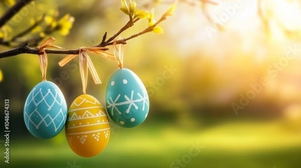 Obraz Colorful Easter eggs hanging on a tree branch in spring sunlight with copy space