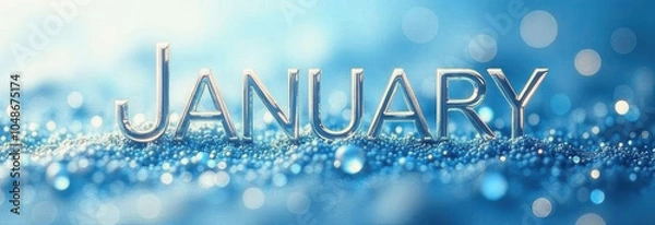 Fototapeta Minimalist January banner against a vibrant blue background, with scattered gold accents symbolizing a fresh start to the new year. The design is clean and uplifting, evoking renewal