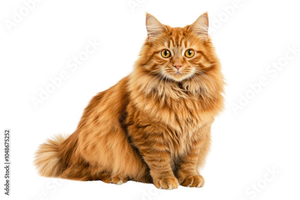 Obraz A fluffy adult ginger cat, with a confident posture, sits in a relaxed manner, looking directly at the camera. Its vivid orange fur is complemented by its striking yellow eyes
