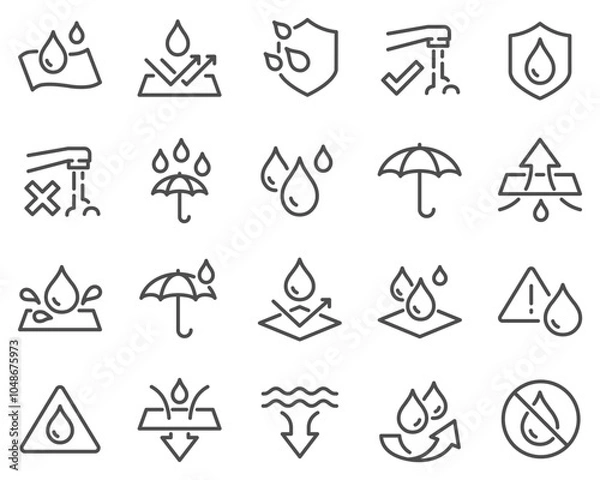 Fototapeta Simple Set of Waterproof Related Vector Line Icons. Contains such Icons as Drop Warning, Moisture Resistant Textile, Allowed to wash under water and more.