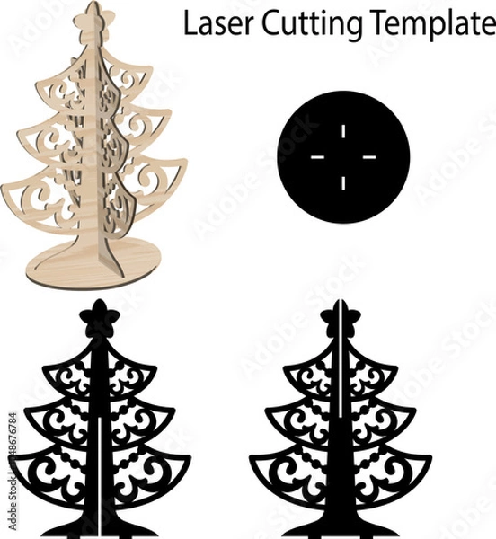 Fototapeta 3D Christmas Tree Laser Cut File Template Vector 3d Spruce Pine Model New Year Decoration	
