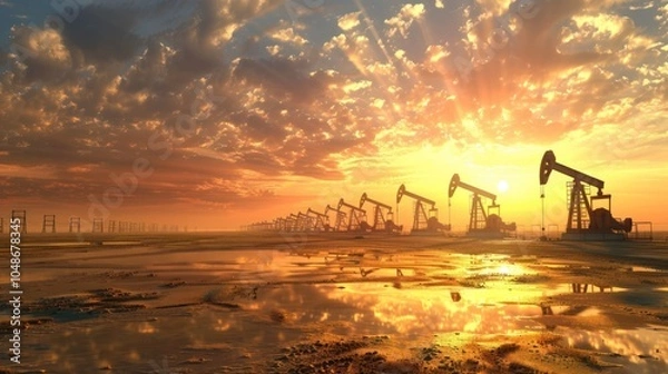 Fototapeta Oil Pumps Silhouetted Against a Dramatic Sunset
