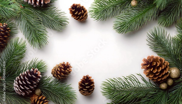 Fototapeta Christmas fir branches create a festive flat lay with pine cones on a white background for _1(94)