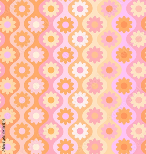 Fototapeta retro daisy happy flower power hippie blooms in ogee seamless pattern in warm soft pastel pink beige yellow cream orange colors