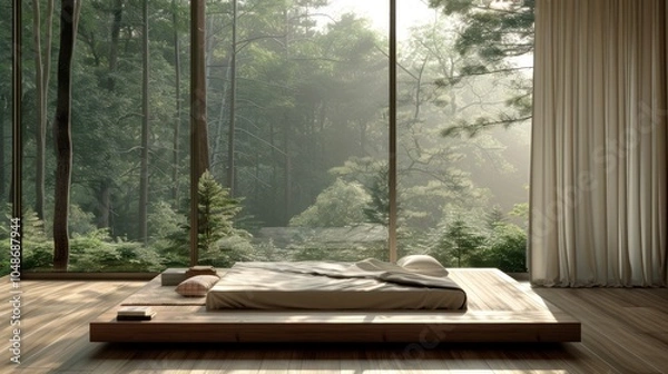 Fototapeta A Minimalist Bedroom with a View of a Foggy Forest
