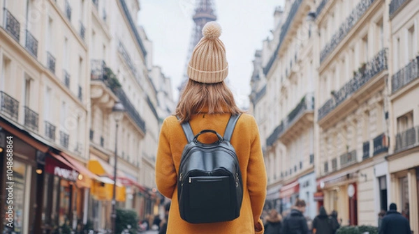 Fototapeta Exploring charming streets of Paris, woman in mustard coat and knitted hat stands with her black backpack, gazing at iconic Eiffel Tower