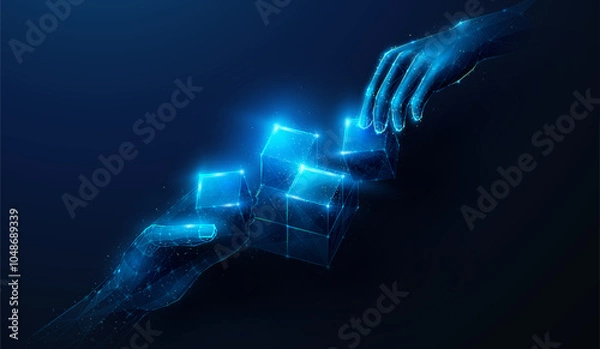 Fototapeta Abstract illustration of two low poly hands bring cubes to central cube. Blue geometric background depicting problem solving, synergy partnership and teamwork concept by wireframe connection structure