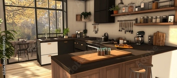 Fototapeta A small kitchen with an island table and wood accents, black and white cabinets, a modern style with natural light, a wooden shelf for ingredients on the wall behind it