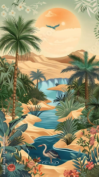Fototapeta desert oasis art, vivid desert oasis with palm trees, water, birds, and flowers in warm hues against an expansive landscape, evoking a serene, life-giving oasis vibe