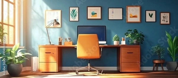 Fototapeta A modern home office with a blue wall, a wooden desk, an orange chair, plants, and a computer.