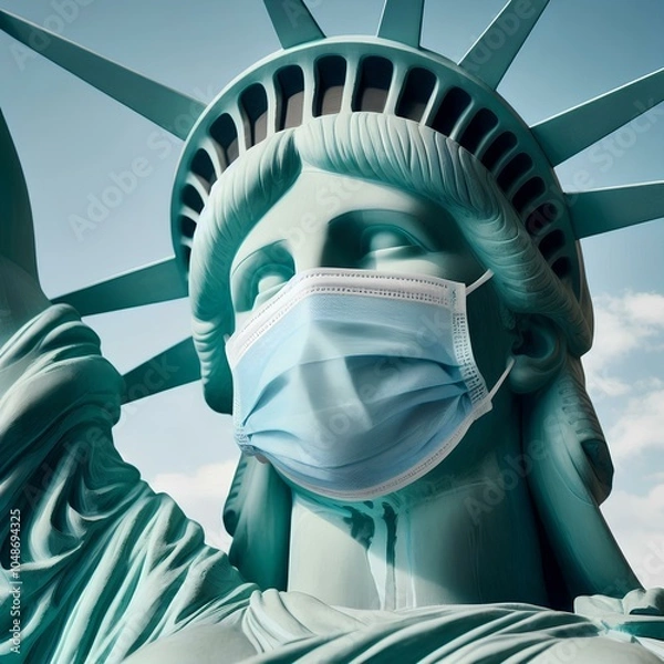 Fototapeta The Statue of Liberty wearing a mask with a cold. 