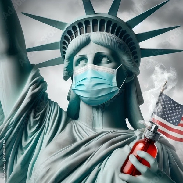 Fototapeta The Statue of Liberty wearing a mask with a cold. 