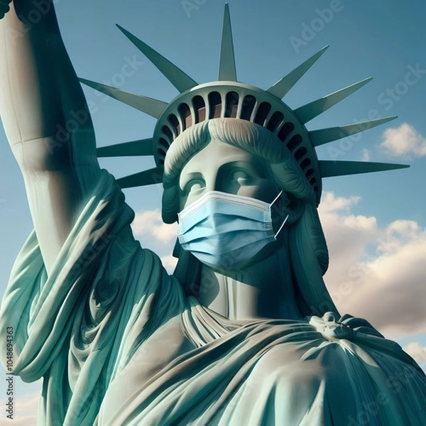 Fototapeta The Statue of Liberty wearing a mask with a cold. 