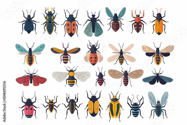Fototapeta A set of 28 colorful flat insect illustrations in various poses and positions.