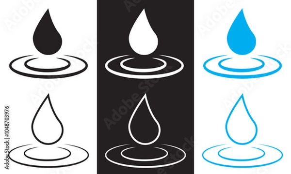 Obraz Water drops icon set.  Blood icon symbol silhouette. Various shapes of water drops, water and rain simple icon. Plumbing logo. Blood or oil drop.  isolated on white and black background. EPS 10