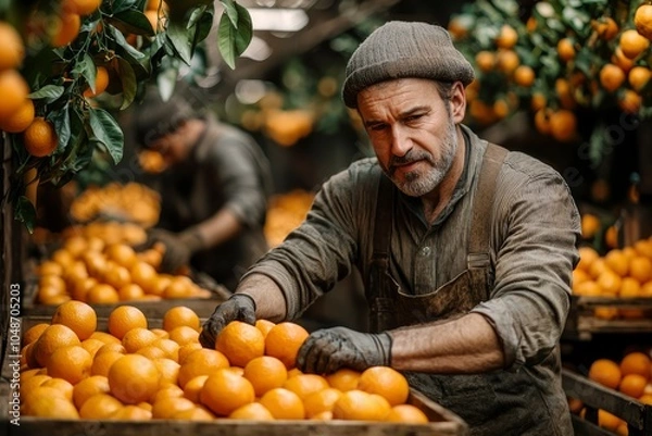 Fototapeta A Farmer Sorting Fresh Oranges in a Wooden Crate