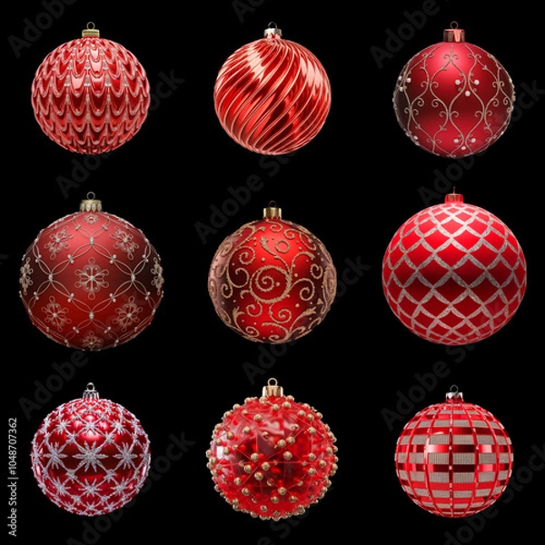 Fototapeta A set of red Christmas tree balls isolated in black background. Festive Christmas decorations with precious ornaments.