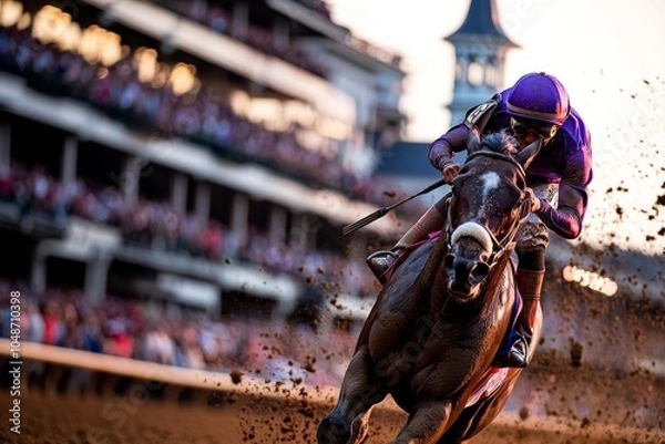 Fototapeta Close-up of a jockey riding a racehorse during the Kentucky Derby, vibrant colors and motion blur, with blurred crowd in the background