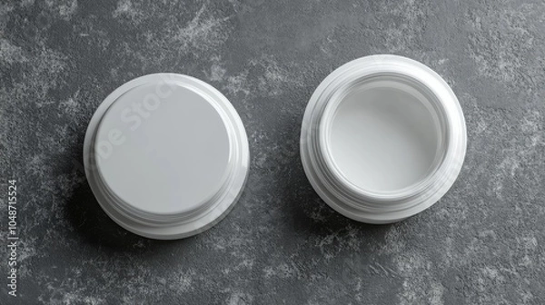Fototapeta White round container with lid open on a gray marble surface.