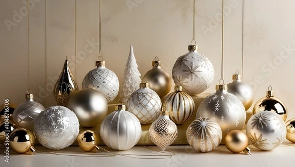 Fototapeta A majestic still life of Christmas ornaments in white and gold, adorned with intricate designs, glistening with a warm, festive shine, on a subtle, creamy background, evoking a sense of luxury 