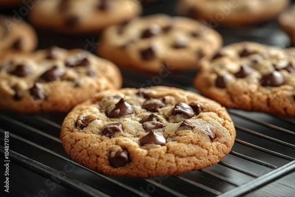 Fototapeta Close-up of a Chocolate Chip Cookie on a Wire Rack