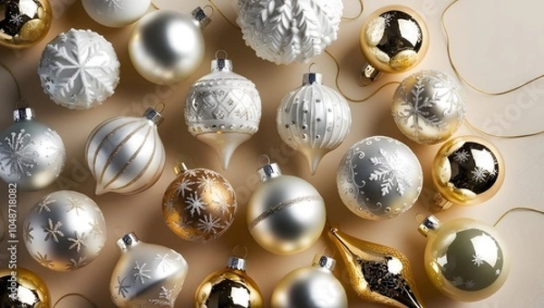 Fototapeta A majestic still life of Christmas ornaments in white and gold, adorned with intricate designs, glistening with a warm, festive shine, on a subtle, creamy background, evoking a sense of luxury and sop