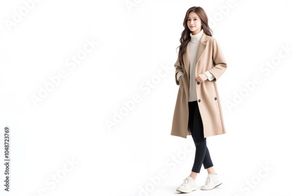 Obraz ベージュ色のコートを着て歩く女性	
