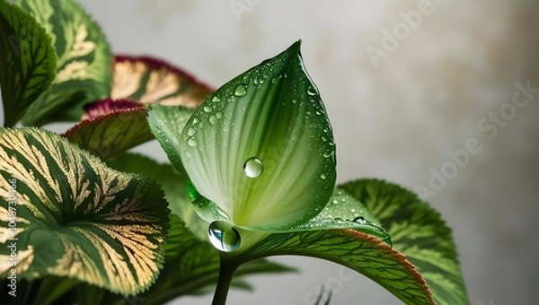 Fototapeta a solitary, glistening drop of water glistens on the delicate petal of a lush, emerald green ornamental plant, surrounded by intricately patterned leaves with subtle hints of gold.