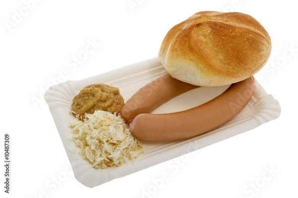 Obraz Würstel mit Senf, Kren und Gebäck