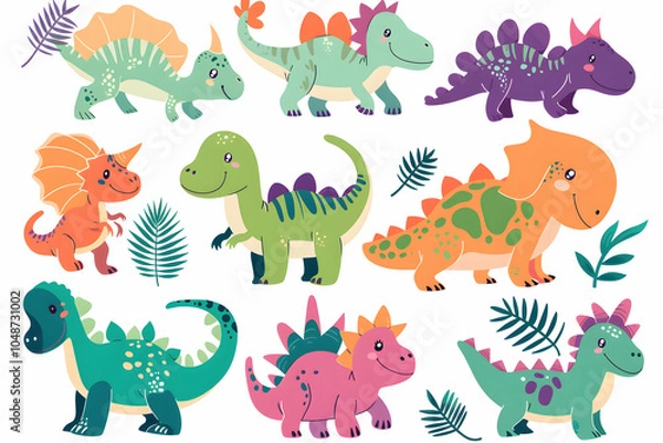 Fototapeta A set of nine cute cartoon dinosaurs with different colors and patterns, isolated on a white background.