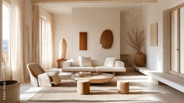 Fototapeta A bright living room filled with natural light, light-colored furniture, and minimalistic decor to create an airy and cheerful space.