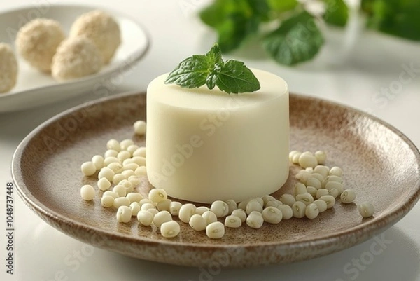 Fototapeta White Cylindrical Dessert Topped with Mint Leaf on Brown Plate with White Beads