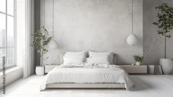 Fototapeta Minimalist bedroom with a decluttered space, neutral color palette, and simple yet functional furniture that emphasizes space and light.