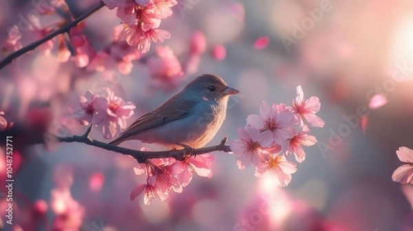 Fototapeta A bird perched delicately on a branch of cherry blossoms, surrounded by vibrant pink flowers.
