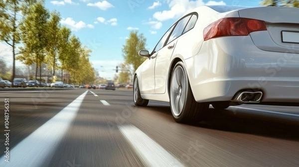 Fototapeta White car speed driving on asphalt road at daytime