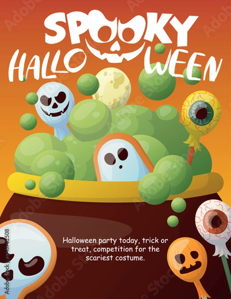 Fototapeta Halloween day poster or banner vector template. ghosts brewing a potion, halloween, zombies, pumpkins, cony, sweets, hands, ghost, creepy trees, cemetery, cobwebs and realistic 3d halloween design ele