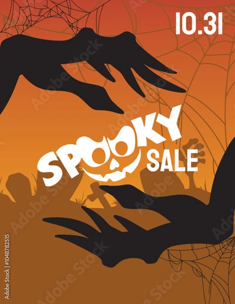 Fototapeta Halloween day poster or banner background vector template. creepy witch hands and inscription. Halloween, zombies, pumpkins, ghost, moon, creepy trees, cemetery, cobweb and realistic 3d Halloween desi