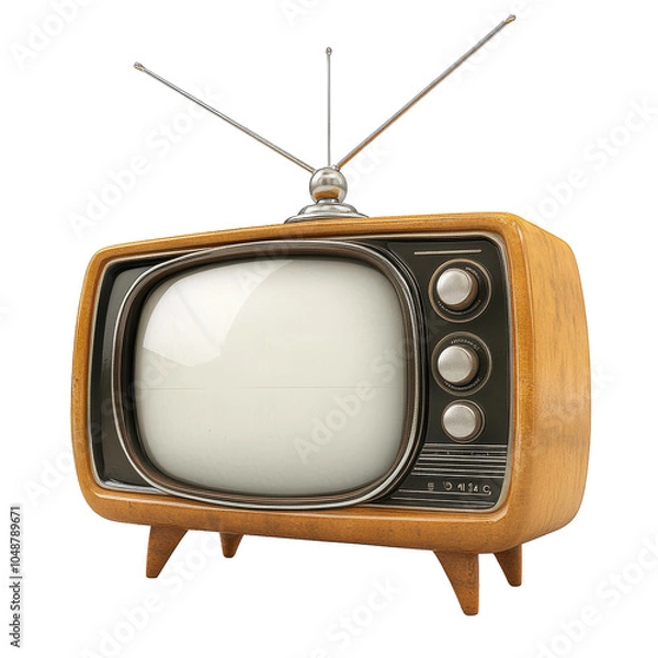 Fototapeta A wooden television with a white screen sits on a white background. The television is turned off. The television is old and has a vintage look