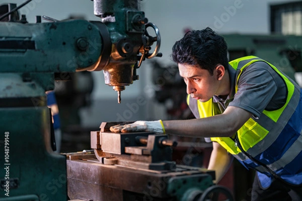 Fototapeta An industrial technician operates a drill press machine with focused precision in a workshop. Wearing safety gloves and a reflective vest, he demonstrates skill and attention to detail on metalwork.