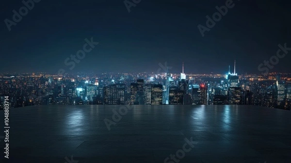 Fototapeta 3D city skyline at night, viewed from an empty floor, showcasing the glowing urban lights.