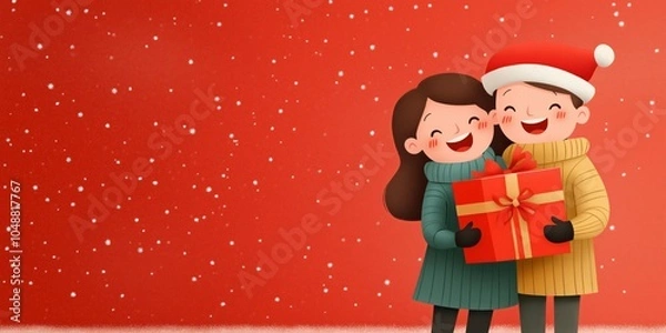 Fototapeta Joyful illustration of a smiling couple holding a gift box on a snowy red background. Perfect for holiday and Christmas themes.