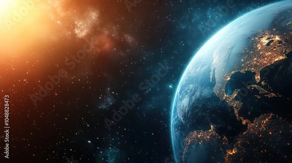 Fototapeta Earth seen from space with glowing city lights, illuminating the planet's surface in a vibrant display.