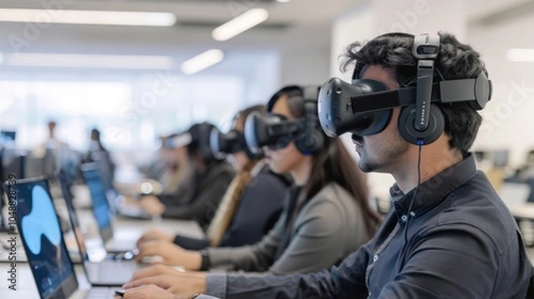Fototapeta Man in VR Headset Using Laptop While Sitting in a Row of People