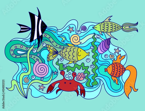 Fototapeta Рисунок дудл с набором морских животных и растений.