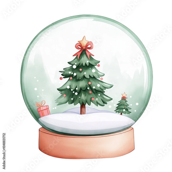 Fototapeta Festive snow globe featuring a decorated Christmas tree and falling snow, capturing the essence of winter holiday magic and nostalgia. isolated on a PNG transparent background.