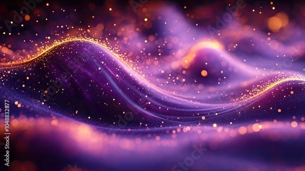 Fototapeta Abstract purple and gold background with flowing waves and sparkling particles.