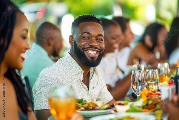 Obraz Group of African American friends dining at a local restaurant, sharing laughter and vibrant dishes, bright colors and genuine expressions, capturing shared moments