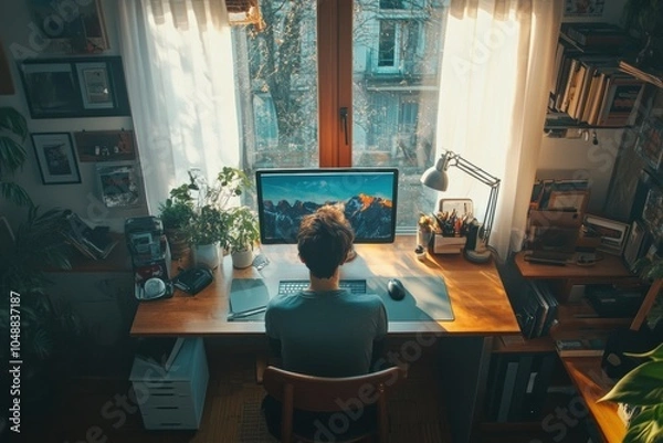 Fototapeta Home office with a minimalist desk setup, person working on a desktop computer, hints of personal items, natural light, blending productivity and comfort 