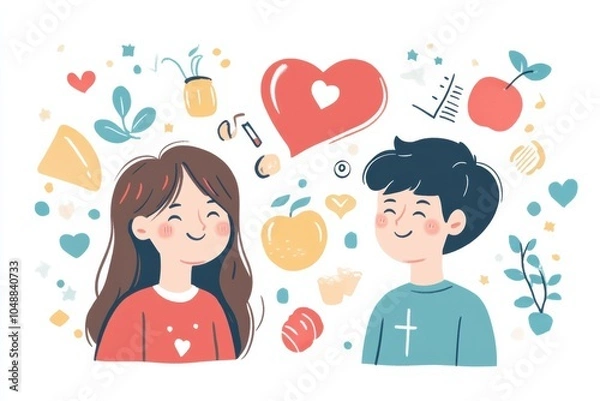 Fototapeta Illustrative vector for teens, with soft yet vibrant colors, approachable cartoon icons, presenting information in a calm and relatable way, balanced and positive 